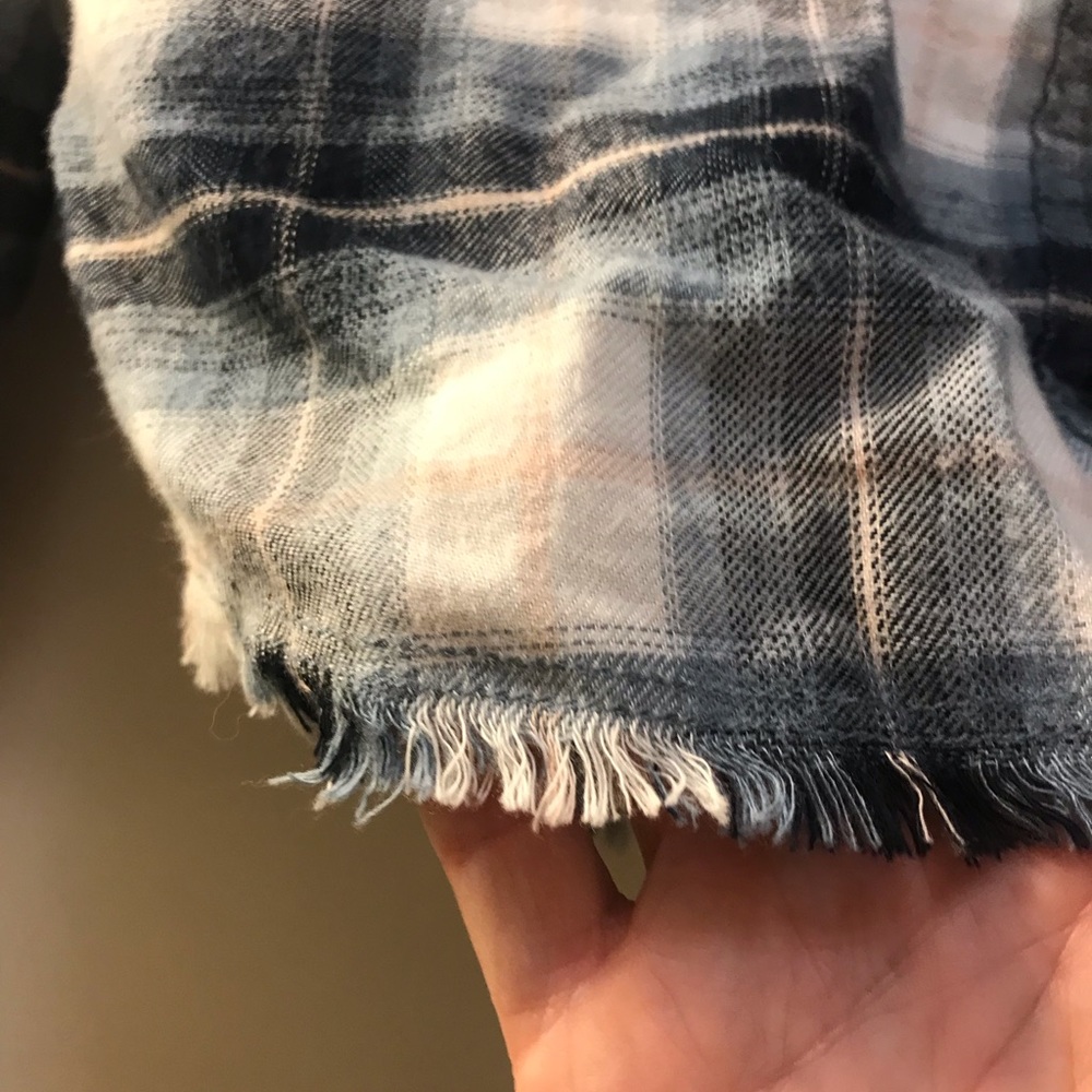 Paige Plaid Shirt Button Up Raw Hem Distressed Ruffle Collar…